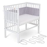 FabiMax Baby Beistellbett für Boxspringbetten, stufenlos höhenverstellbar, Buchenholz massiv weiß lackiert mit Matratze Comfort