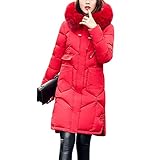 LAEMILIA Damen Daunen-Puffa-Jacke mit Kordelzug, abnehmbarer Kragen, Reißverschluss und Druckknopfverschluss, knielang, Wintermantel, warmer Kunstfellkragen, Übermantel, rot, 36