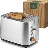 WALDWERK Design Toaster - aus 304 Edelstahl und Eichenholz - Toaster für 2 Scheiben - Toaster mit Brötchenaufsatz - Toaster mit extra breiten und tiefen Toastkammern - Toaster mit Krümelschublade