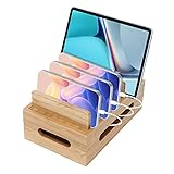 Buachois Holz Ladestation für Mehrere Geräte, 6 Fächer Desktop Handy Docking Holder USB Multi Charger Organizer Dockingstationen Kompatibel mit Telefon, Tablet, Uhr, Ohrhörern