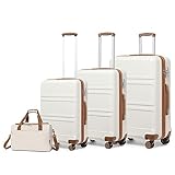 KONO Kofferset 4 Teilig Hartschalekoffer mit TSA Schloss Gepäcksets Handkoffer Mittelgroß Groß Trolleys mit 40x20x25cm Ryanair Reisetasche (55cm+65cm+74cm Koffer Trolley Set+Tasche, Cremeweiß)