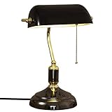 LANMOU Retro Tischlampe, Traditionelle Bankerlampe mit Zugschalter, Vintage Schreibtischlampe Antik Bibliothekslampe, Schwarz Lampenschirm aus Glas, Nachttischlampe für Schlafzimmer (Schwarz und Gold)