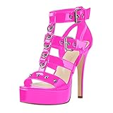 Only maker Damen Gotische Sandalen Punk Sandaletten High Heels T-Riemen Schaftsandalen mit Nieten Schnallen Lack Rosa 37 EU