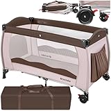tectake® Babyreisebett, Kinderreisebett, Reisebett höhenverstellbar mit Reisebett Matratze und Transporttasche, Babybett, Reisegitterbett, tragbares Beistellbett Baby 126 x 65 x 80 cm - Braun