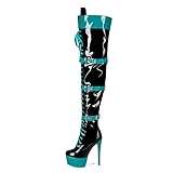 Veelau Meieer Damen Stiefel Plattform Stiletto Schnürstiefel Punk Motorrad Overknees Lackstiefel Schenkelhoch Türkis 43 EU