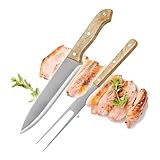 com-four® 2 teiliges Tranchierbesteck-Set - Grill-Besteck aus rostfreiem Edelstahl mit Holzgriff - Fleischmesser und Fleischgabel - Bratengabel (2 tlg. Tranchier Set - Holz)