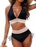 Hicodbek Bikini Damen Set Sexy Badeanzug Bademode Hohe Taille Farbblock Zweiteiliger Kordelzug Badeanzüge Bikinis für Frauen (DE/NL/SE/PL, Alphanumerisch, L, Regular, Regular, Schwarz)