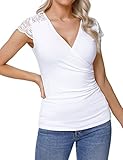 Gyabnw Tshirt Damen Elegant V Ausschnitt Sommer Spitzen Oberteile Damen Sexy Weiß,M