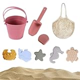 KBIBCK Sandspielzeug Set aus Silikon, Strandspielzeug für Kinder, 9-in-1 Silikon Strandspielzeug Set mit Eimer, Netzbeutel, Schaufeln, 6 Sandformen, Strandset Sandspielzeug für Jungen & Mädchen (Rot)