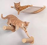 Katzen Kletterwand mit Katzenhängematte Wandhängematte Wandkratzbaum Katzenwand Katzenmöbel Kratzbaum Liegeplatz mit 2 Kratztreppen Holzhalterungen, 50,5 x 27 cm, Weiße Hängematte für Katzen