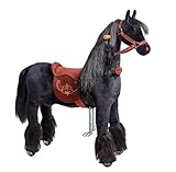 Ponnie Reitpferd mit Rollen Ebony M (5-12 Jahre), Spielpferd zum Reiten mit Abnehmbarer Braun Sattel und Halfter mit Zaumzeug, Kämmbare Mähne und Schwanz, Plüschpferd zum Reiten für Kinder
