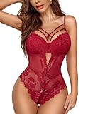 Avidlove Unterwäsche Frauen Sexy Set V-Ausschnitt Reizwäsche Spitze Dessous Corsage Bodysuit Korset One Piece Weinrot M