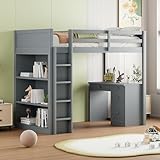 Merax Hochbett 90x200cm, Holz Kinderbett mit Schreibtisch & Schubladen, multifunktionales Etagenbett mit Regal, für Jungen, Mädchen, Grau (Ohne Matratze)