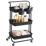SONGMICS Rollwagen, 3 Ebenen, Servierwagen, Küchenwagen mit Griff, 2 kleine Einhängefächer, 2 Bremsen, Ablagefächer aus Kunststoff, einfacher Aufbau, Schlafzimmer, schwarz BSC067B01