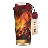 DUWAA Isolierter Reise-Kaffeebecher mit Vulkan-Druck, Edelstahl, Campingbecher, Kaffeebecher für Männer und Frauen