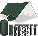 Frasheng Zeltplane 3x3m,Camping Zeltplane,Zeltplane für Hängematte,Tarp für Hängematte,wasserdicht mit Ösen + 6 Erdnägel + 8 Seilen,Leichte Tragbare,Regenschutz Sonnenschutz für Ourdoor Camping,Grün