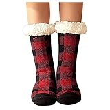 UnoSheng Schwarze Socken Herren Frauen Winter warme karierte Socken verdicken warme Schlafsocken Hausschuhe Fuzzy Socken Bekannte Bunte Socken (Red, One Size)