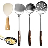XRPRPX Wok Pfannenwender Edelstahl, 4 Teiliges Wok Kelle Set Schaumlöffel Wok Spatula Schöpflöffel 304Edelstahl und Holz Reislöffel Frittierkelle Abseihlöffel Schaumkelle Wok Küchenhelfer Set