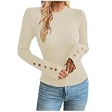 Herbst Pullover Damen Elegant Langarm Strickpullover Damen V-Ausschnitt Winter Langarmshirt Gerippt Damenpullover mit Knopfdetail Alltag Geblümte Pullover Blusen Winter Einfarbige Wickelshirt