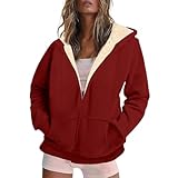 NSICBMNO Damen-Fleecejacke, übergroßes Sweatshirt, Reißverschluss, Kapuzenpullover, Winterjacken, Übergröße, mit Taschen, Sherpa-Futter, flauschiges Oberteil, lockere Pullover, Winter-Outwear, 01#Wein