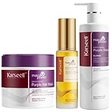 Karseell MACA CARE SYSTEM 1 Violette Haarmaske 500ml + 1 Violettes Shampoo 500ml + 1 Arganöl Serum 50ml Anti Gelbstich Set für Blondes Platin Blondiertes Graues Haar Antifrizz