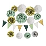 14 Stück Pompons Deko mit Wimpelkette Girlande für Hochzeitsdeko Geburtstagsdeko Taufe Babyparty Gartenparty JGA Jugendweihe Kommunion Party, Salbeigrün Seidenpapier Pompoms Grün Weiß Gold
