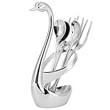 QANYEGN Kaffee-Dessertlöffel-Set aus Metall, Löffel-Gabel-Essgeschirr aus Zinklegierung, 3 Löffel, 3 Gabeln mit Schwanenhalter zum Servieren von Obst, Salat, Kaffee oder Dessert