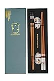 Sushi Essstäbchen Set Katze Kätzchen 2 Paar inklusive Keramik-Unterleger Cat Premium Holz Nachhaltig Chopsticks Japanisch Chinesisch Koreanisch Taiwanesisch