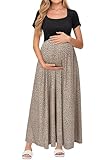 OUGES Sommerkleid Damen Lang Umstandskleid Maxikleid Elegant Kurzarm Stillkleid Sommer Kleid mit Taschen, S
