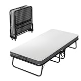 Klappbett – Robustes Faltbett für Erwachsene, 10 cm Memory Schaumstoffmatratze, bis 250 kg belastbar, mit 4 Lenkrollen, Staubschutz-Baumwollbezug 90×190cm
