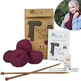 Needle It® - Komplettes Strickset für Anfänger mit Stricknadeln - Strickschal aus Wolle - Geschenkidee (Burgunderrot)