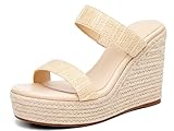 Coutgo Damen Keilsandalen, Plateau-Sandalen, Espadrilles, zwei Riemen, gewebt, zum Reinschlüpfen, Sommer, niedliche Pantoletten, aprikose, 36 EU