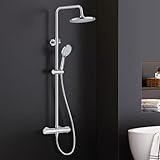 FORIOUS Duschsystem mit Thermostat,Edelstahl Duscharmatur Komplettset mit 25cm Rund-Overhead Regendusche,90-125cm Höhenverstellbare Duschstange, 3 Strahlarten ABS Handbrause Chrom