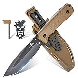 Purple Dragon Khaki Survival Messer mit Kydex Scheide, Full Tang Outdoor Messer Feststehend aus einem Stück D2 Stahl, Survival Messer für Bushcraft Camping, Geschenke für Männer