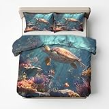 Generisch Mikrofaser Bettwäsche 200x220 Schildkröte 3tlg - Unterwasserwelt Meerestiere Wendebettwäsche Deko, Weiche Bügelfreie Bettbezug mit Reißverschluss, 2 Kissenbezug 80x80 AE1588