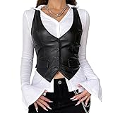 Achlibe Lederweste für Damen, V-Ausschnitt, ärmellos, Knopfleiste, schmale Passform, Tank-Top, Renaissance-Steampunk-Mantel, A-schwarz, M
