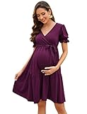 KOJOOIN Damen Umstandskleid V-Ausschnitt Stillkleid Elegant Puff Ärmel Schwangerschafts Kleider mit Rüsche Burgundy(Kurzarm) M