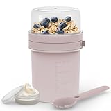 MRUN BONE Müslibecher To Go mit Gabel-Löffel, Auslaufsichere Joghurtbecher To Go, Müslibecher für Unterwegs, Arbeit, Schule, Picknick, 450ml+250ml, (Puderrosa)