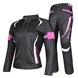 YuanDiann Damen Motorradkombi 2-teiliges Set mit Protektoren Motorradhose & Motorradjake Wasserdicht Reflektierend Textil Motorradbekleidung Motorcross Schutz Jacke und Hose Rosa S