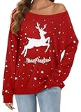 Weihnachtspullover Damen Schulterfreie Langarm Christmas Sweatshirt mit Elchprint Oberteil(Rot,L)
