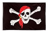 Aricona Piratenflagge - Fahne mit Totenkopfdesign mit Messing-Ösen - 90 x 150 cm - Wetterfeste Fahnen für Fahnenmast - 100% Polyester