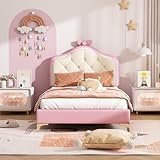 Generisch Stylishes Polsterbett für Kinderzimmer mit LED-Lichtleiste, wellenförmigem Kopfteil, rosa Schleife & Holzlattenrost – Einzelbett (90x200cm, PU, stabil bis 120kg)