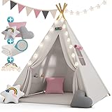 Spielwerk® Spielzelt Kinder Lichterkette 2,5cm Spielmatte 3 Kissen Baumwolle Tragetasche Kinderzimmer Tipi Spielzelt Höhle Spielzeug 130x130x160cm Pink