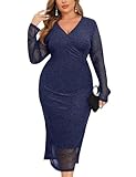 ZOMVA Cocktailkleid in Übergröße, Netzstoff, V-Ausschnitt, lange Ärmel, Midi-Kleid, Hochzeit, Gast, Party, figurbetontes Kleid, Glitzerndes Marineblau, X-Large Mehr