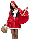 YesFashion Rotkäppchen Kostüm Damen Halloween Rotkäppchen Cosplay Kleid mit Umhang Karneval Halloween Kostüm-Outfit Festlich Partykleid Rot 42