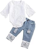 Juflam Kleinkind Kleinkind Baby Mädchen Kleidung Bestickte Spitze Strampler Zerrissene Jeans Denim Hosen Outfit Set (12-18 Monate, Weiß-lang)