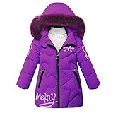 linboo Winterjacke Mädchen Wintermantel mit Abnehmbarer Fellkapuze Warme Lang Mantel Kinder Parka Outdoor Jacke mit Buchstaben und niedliche Muster, Lila, 134-140 (Label: XXL)