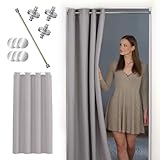 tinycurtains, Thermo Türvorhang mit Vorhangstange & Magneten zum Abdichten, einfache Montage ohne Bohren in 1 Min (195 x 150 cm hellgrau + Stange Silber 55-90 cm + 6 Magnete)