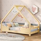 Kelodan Hausbett Kinderbett 90x200cm Mit Rausfallschutz Spielbett Jugendbett Massivholz Natur