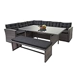 Mendler Poly-Rattan-Garnitur HWC-A29, Gartengarnitur Sitzgruppe Lounge-Esstisch-Set Sofa + Bank - grau, Kissen grau